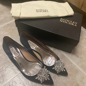 Badgley Mischka Vail Kitten Pump, Black Satin Bling Rhinestone Buckle MP4401